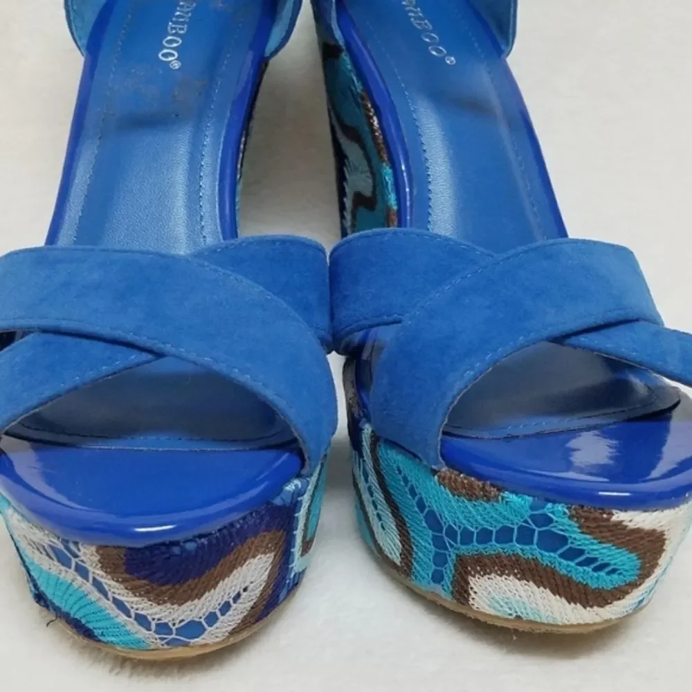 𝅺BAMBOO Eliza Blue Crochet Boho Platform Wedges